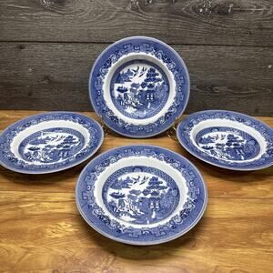 Johnson Bros Blue Willow 8-5/8” Rimmed Soup Salad Bowls England ~ Set of 4